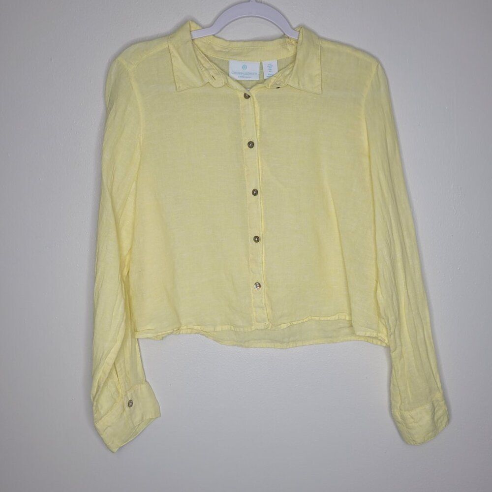 Cynthia Rowley butter yellow linen beachy coastal resort crop long sleeve top L
